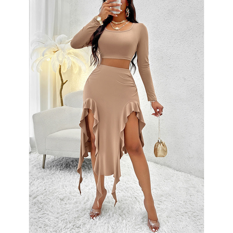 Women Summer 2 Piece Skirt Sets Long Sleeve Square Neck Crop Top Ruffle Trim Irregular Split Sexy Club Party Skirt Outfits
