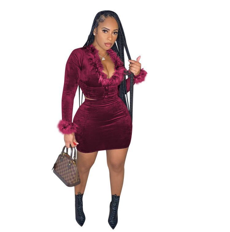Women's Fashion V-neck Plush Skirt Two-piece Suit
