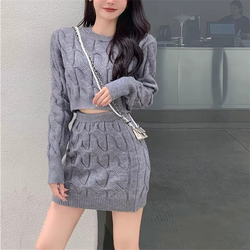 Women's Fried Dough Twists Sweater Knitting Buttocks Skirt Suit