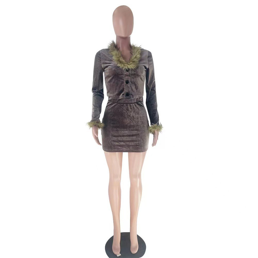 Women's Fashion V-neck Plush Skirt Two-piece Suit