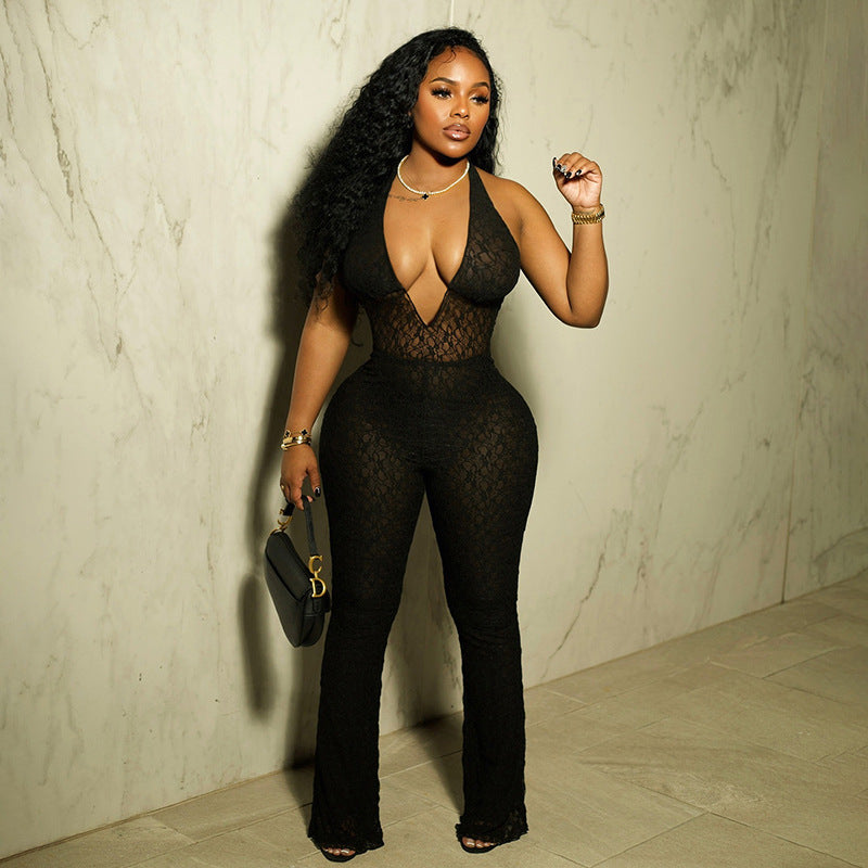 Halter Deep V-neck See-through Lace Lace-up Backless Jumpsuit