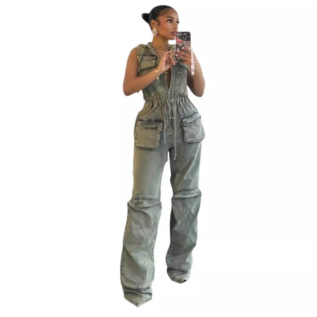Casual Stretch Nostalgic Hooded One-piece Overalls