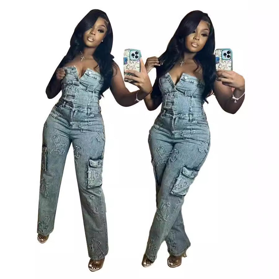 Tube Top Embroidered One-piece Trousers Cross Tube Top Elastic Pants