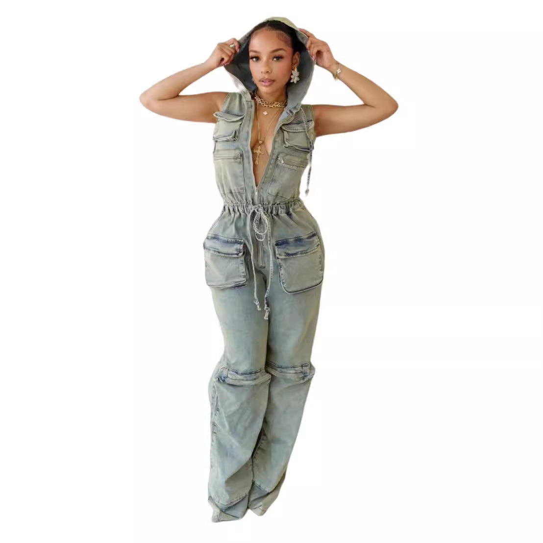Casual Stretch Nostalgic Hooded One-piece Overalls