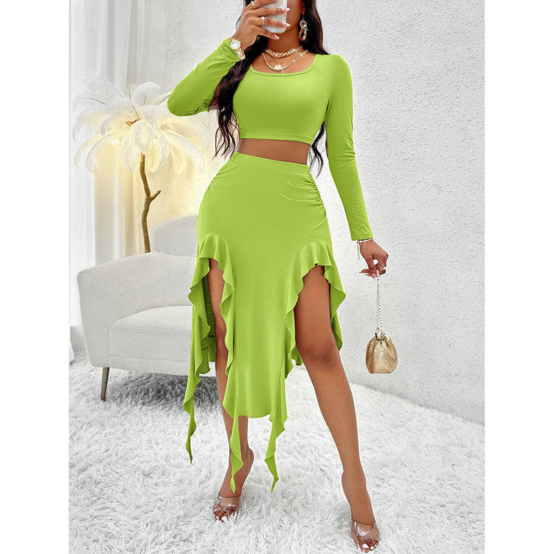 Women Summer 2 Piece Skirt Sets Long Sleeve Square Neck Crop Top Ruffle Trim Irregular Split Sexy Club Party Skirt Outfits