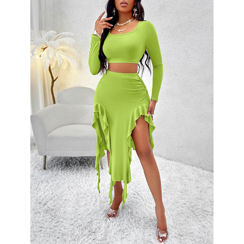 Women Summer 2 Piece Skirt Sets Long Sleeve Square Neck Crop Top Ruffle Trim Irregular Split Sexy Club Party Skirt Outfits