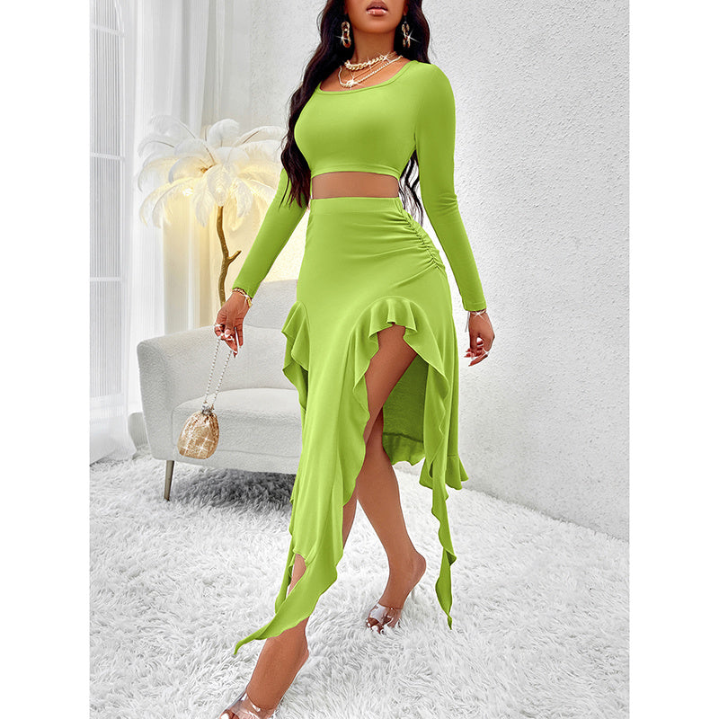 Women Summer 2 Piece Skirt Sets Long Sleeve Square Neck Crop Top Ruffle Trim Irregular Split Sexy Club Party Skirt Outfits