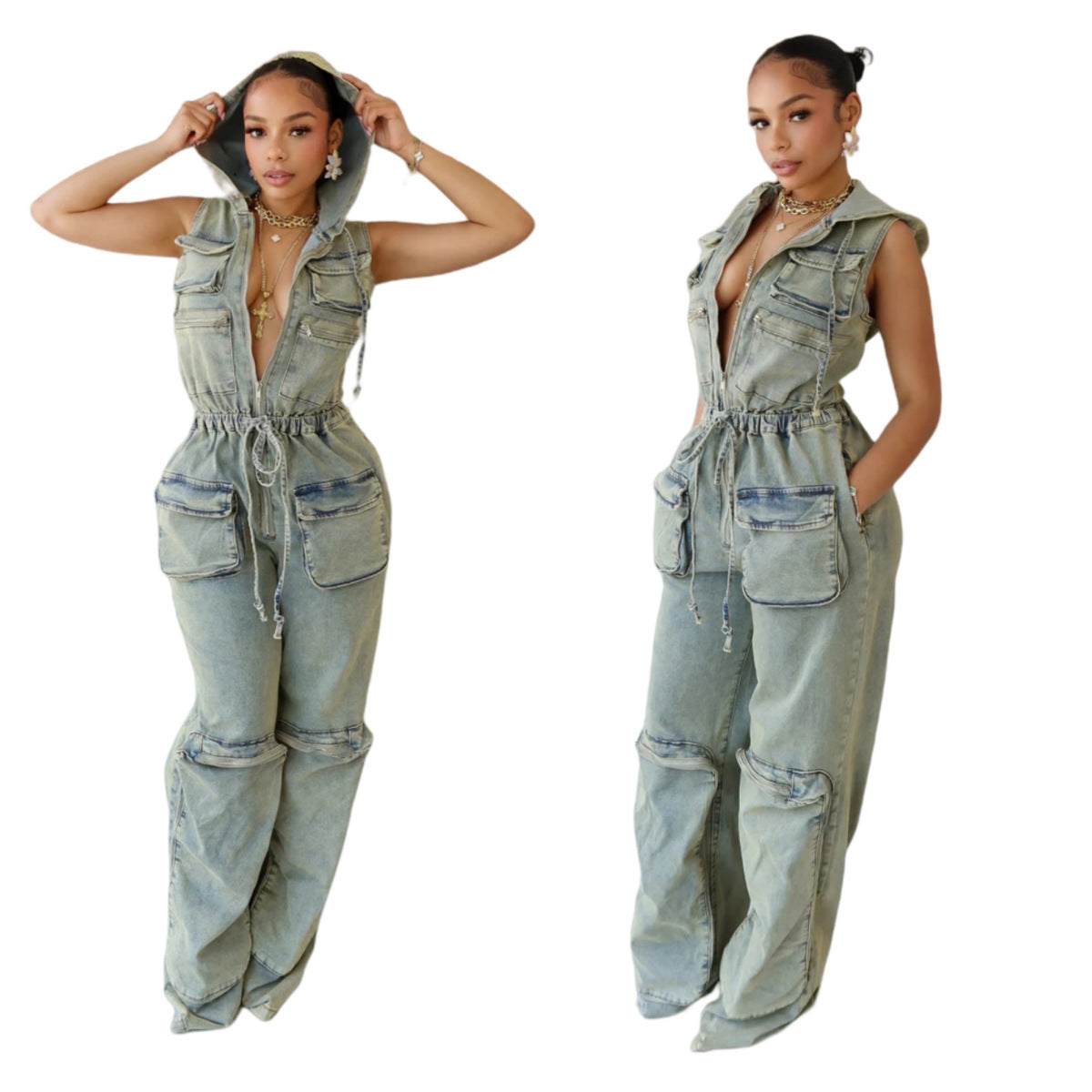Casual Stretch Nostalgic Hooded One-piece Overalls