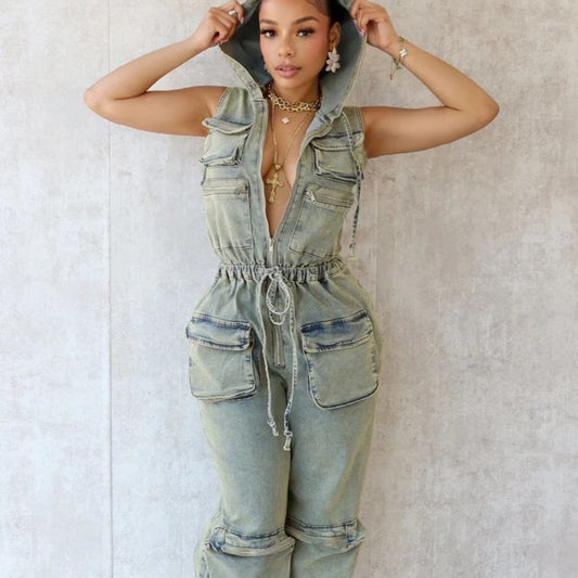 Casual Stretch Nostalgic Hooded One-piece Overalls