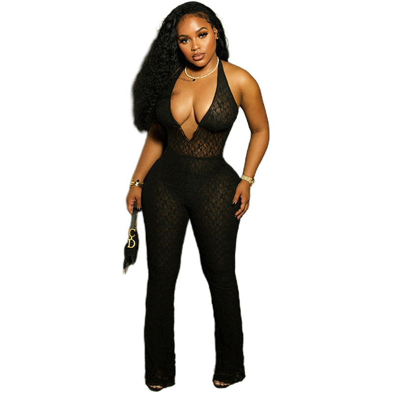 Halter Deep V-neck See-through Lace Lace-up Backless Jumpsuit