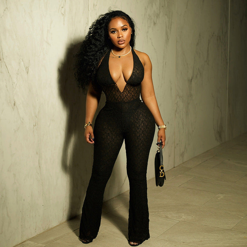 Halter Deep V-neck See-through Lace Lace-up Backless Jumpsuit