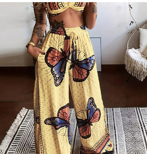 Printed Tube Top Loose Wide Leg Pants Two-piece Set