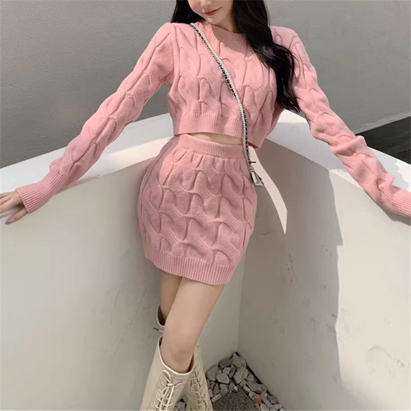 Women's Fried Dough Twists Sweater Knitting Buttocks Skirt Suit