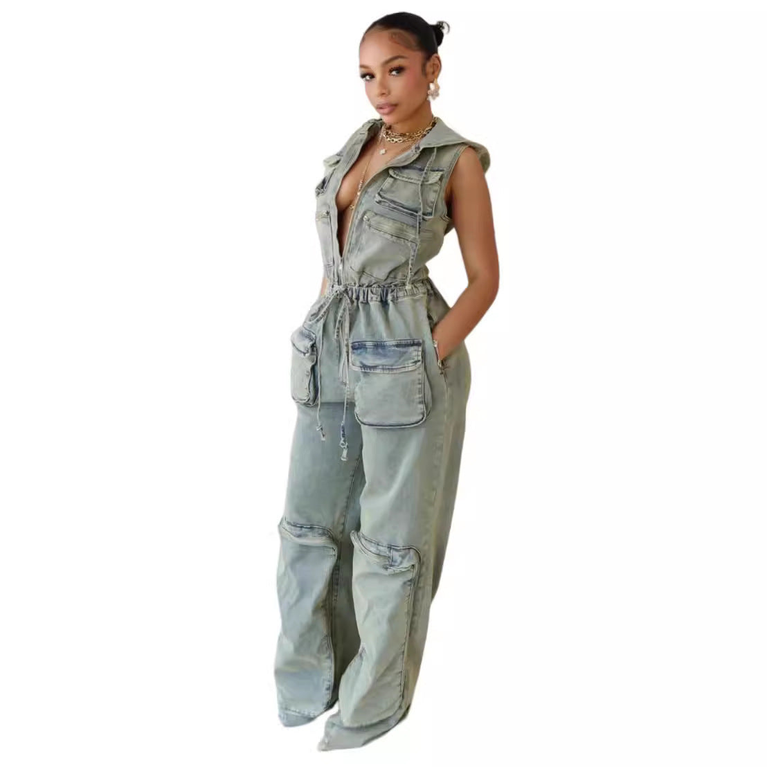 Casual Stretch Nostalgic Hooded One-piece Overalls