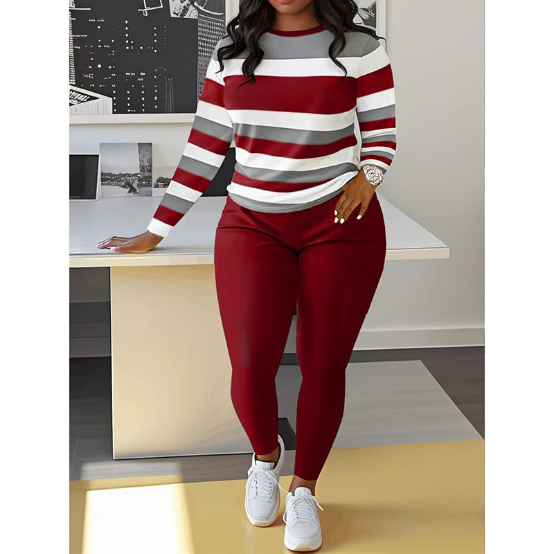 Women's Cozy 2 Piece Outfits Lounge Sets Striped Color Block Long Sleeve Tops Jogger Sweatpants Track Suits Set